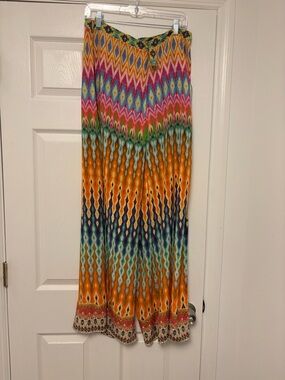 Camilla Silk Wide Leg Pants Size 3 Large Multicolor Ikat Print Embellished Hem